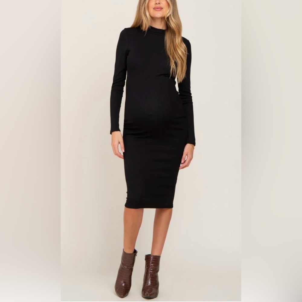 Black Ribbed Fitted Mock Neck Long Sleeve Maternity Dress